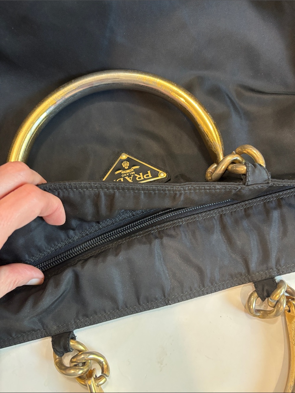 Prada Black Nylon Tote with Gold-Tone Double Ring Handles designer chic - Picture 9 of 16
